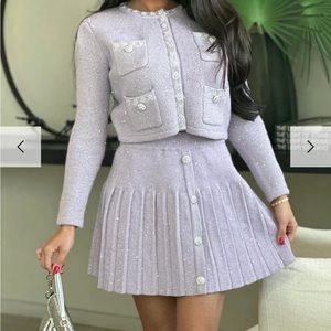 Elegant Lavender Knit Cardigan & Pleated Skirt Set - Brand
